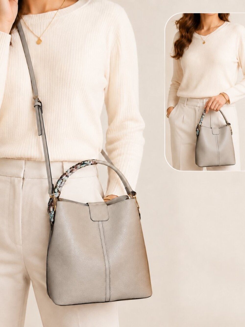 Nanette Lepore Blush Bucket Bag Faux Leather Scarf Handle Crossbody Quiet Luxury